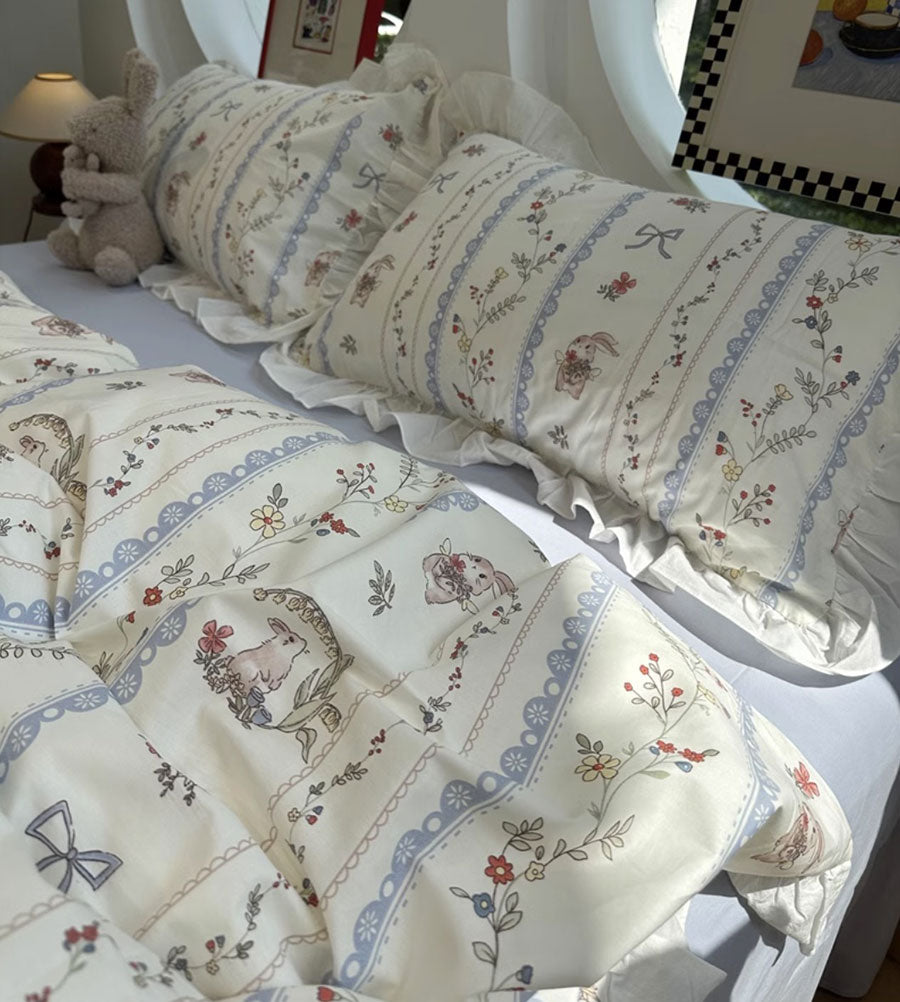 YICKYUE  -  Romantic rabbit flower bow blue bedding set,twin full queen king floral cotton home textile bed sheet pillow case quilt cover