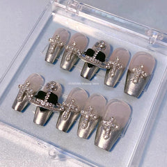 Saturn Design Glitter Short False Nails Tips Handmade French Style Press On Nails Y2K Coffin Ballet  Acrylic Fake Nail With Glue