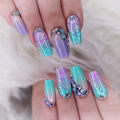 YICKYUE  -  Punk Black Blue Halo Dyeing Stars Rhinestone Ballet Fake Art Nail Detachable Finished False Nail Tip Press on Nail Glue Manicure