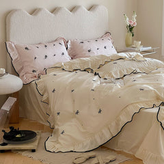 Yickyue Girlish Embroidered Bow Bedding Set 300TC Cotton Queen King Size Lovely Bed Sheet Pillowcase Duvet Cover Set 4pcs with Ruffles