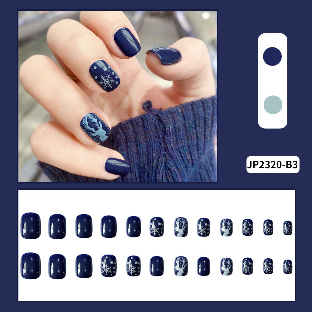 Christmas Deer Design with Glue False Nails Short Fashion Graffiti Leopard Square Fake Nails press on nail Sticker on nail Art