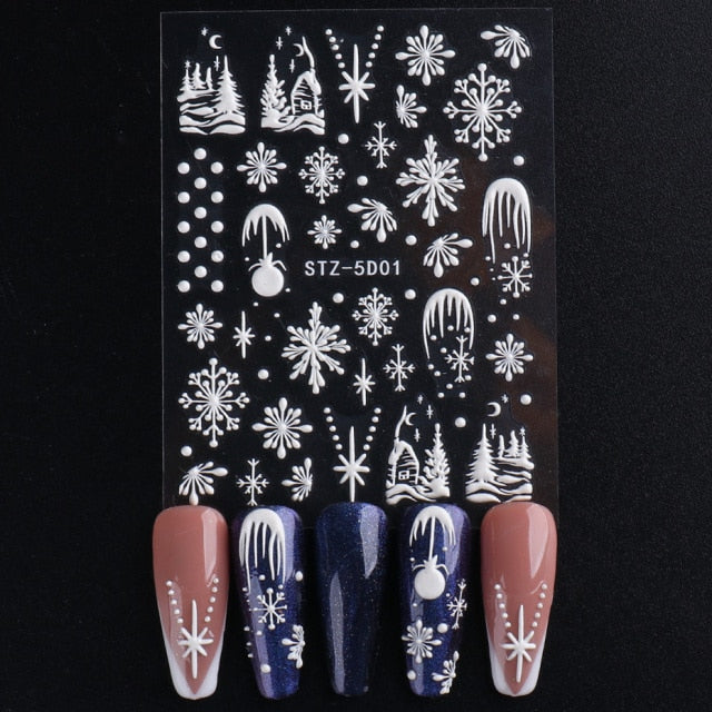 5D Nail Snowflakes Nail Art Stickers White Glitter Decals Nail Sliders Winter Christmas Decorations Manicure Foils TRSTZ5D01-08
