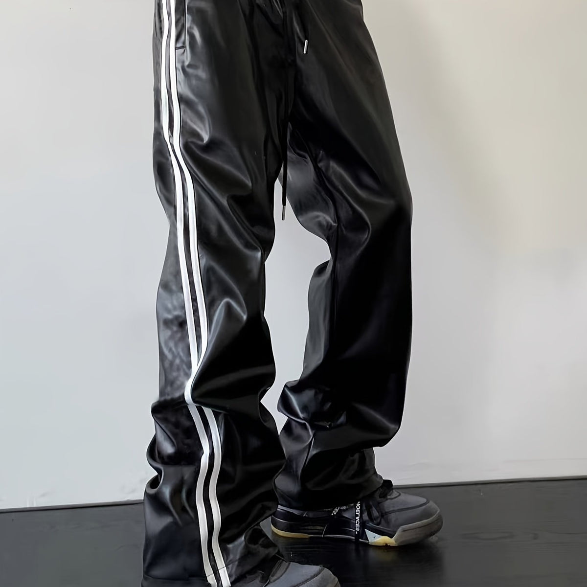 Hearujoy Men's PU Leather Pants, 45% Polyurethane 55% Polyester, All-Season Street Style Straight Leg with Side Stripe Design, Loose Fit Woven Trousers, Allseason Pants | Modern Loose Pants | Drawstring Waistband