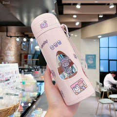 Yickyue Ins Kawaii Bear Sticker Bottle Portable Transparent Double Layer Glass Water Bottle Office Tea Cup Anti-scalding Silicone Sleeve