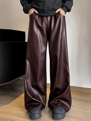 HEARUJOY  -  Men's Casual Straight Leg Pants with Buttoned Waist - Brown Shiny Fabric, Loose Fit for Streetwear, Hip-Hop Style, and Party Wear