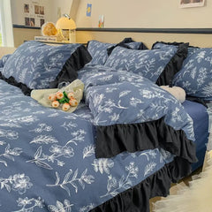 YICKYUE  -  Elegant Bedding Set Hepburn Style Lace Floral Duvet Cover Bed Sheet Quilt Set Three Piece Set French Dormitory Wash Ins