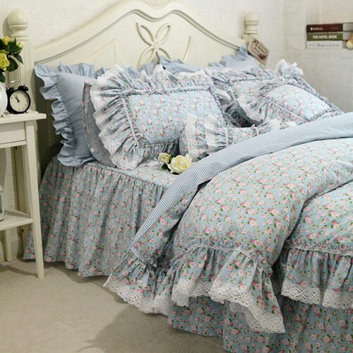 New Plaid print bedding set lace ruffle duvet cover 100% cotton cute bed set Embroidery bed sheet Luxury bedding set Home Linens