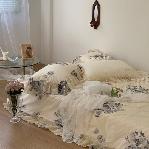Yickyue  Oil Painting Style Advanced French Retro Rose Cotton Four-Piece Cotton Korean Bedding