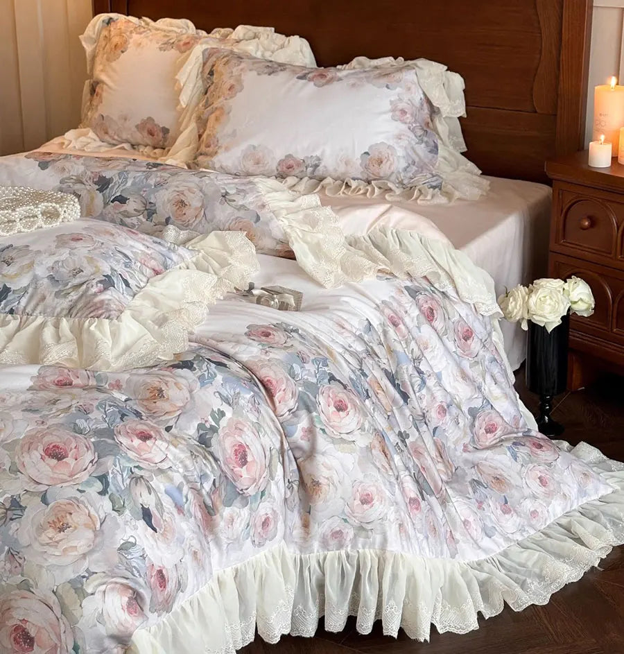YICKYUE  -  Vintage french flower bedding set,full queen king retro fairyfair ruffled green home textile bed sheet pillow case quilt cover
