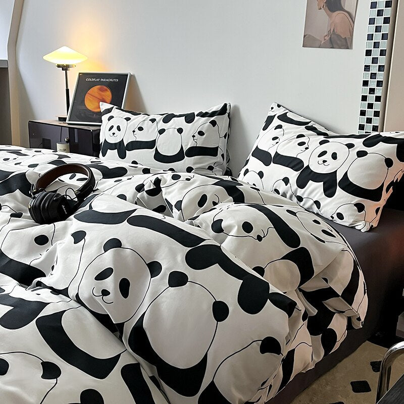 Yickyue Black Series Print King Queen Twin Full Sizes Bedding Sets Pure Cotton Bedclothes Pillowcases Bed Linens Bedding Flat Sheet Set