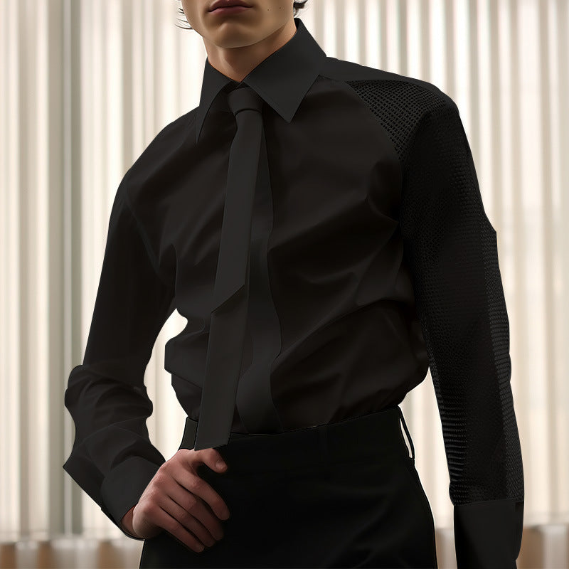 Hearujoy 2025 New French Style Shirt For Men Spring Summer Long Sleeve Top With Tie Fashion Mesh Patchwork Banquet Gentleman Shirts