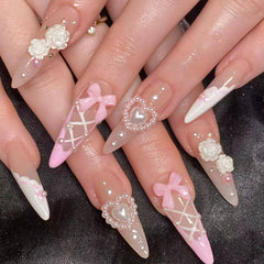 YICKYUE  -  24pcs/box,long almond nails,glitter diamonds,press on nails,nail art patches,reusable,removable,y2k nails,for women girls daily