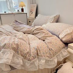 Yickyue Romantic 100%Cotton Twin Bedding Elegant Pink Purple Floral Duvet Cover Set White Lace Ruffle 1.2/1.5/1.8m Bedskirt Pillowcases