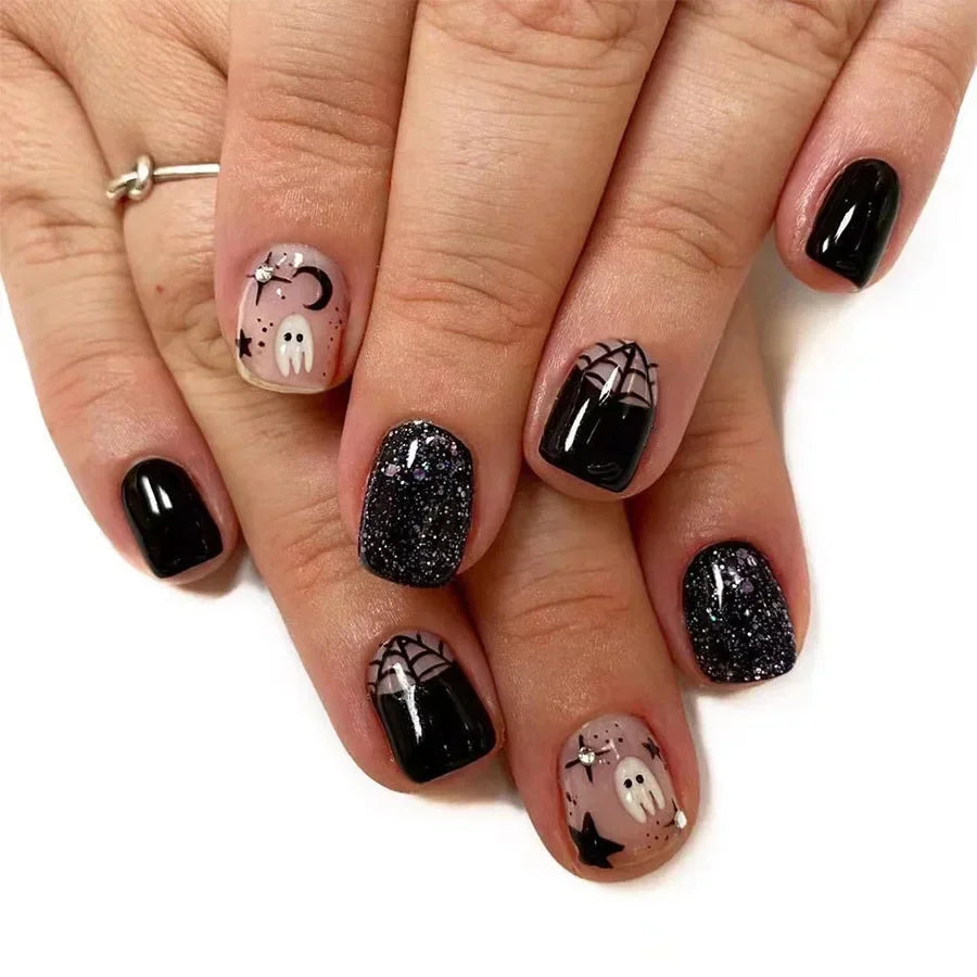 YICKYUE  -  24Pcs/Set Halloween Press-On Square Nails Set Short Glossy Finish With Spider Ghost Star Design False Nails For Women and Girls
