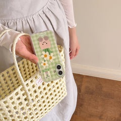 YICKYUE  -  Korean ins Green Grid Patterned Potted Plant Flowers Phone Case for iPhone 16 15 14 13 Pro Max Back Cover Fund
