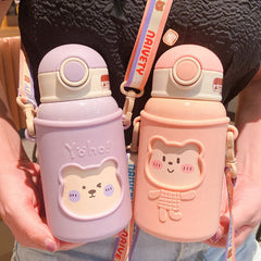 Cute Bear Stainless Steel Insulated Water Bottle Thermos With Strap Straw Cover For Children Girl School Tea Drinking Cup Gift