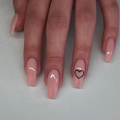 24Pcs Middle Length Ballerina Nude Pink Color False Nails Design With Heart Pattern DIY Artificial Fake Nails With Press Glue
