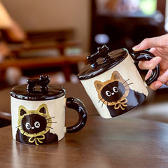 YICKYUE  -  Ceramic Mug Cute Cat Girl With Lid Spoon Office Water Cup Student Office Milk Breakfast Couple Birthday Companion Valentine Gift