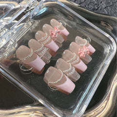 YICKYUE  -  10pcs New Handmade False Nails French Pink Bow Pearl Fake Nail Patches Wearable Detachable Lovely Ballet Lady Press on Nails