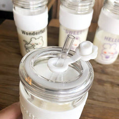Yickyue 400ml Kawaii Bear Glass Cup With Straw Cute Bear Leak Proof Milk Tea Coffee Water Bottles Transparent Glass Office Cups BPA Free