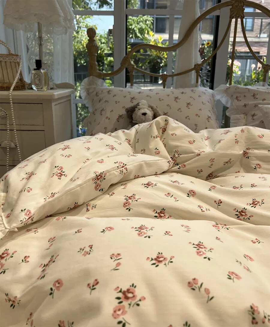 Yickyue -  Cute vintage flower bed set girl,kawaii sweet floral cotton twin full queen king home textile flat sheet pillow case quilt cover