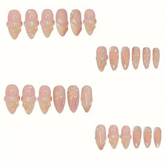YICKYUE  -  24PCS Fashion 3D Crystal Flowers Fake Y2k Nails Press On Acyrlic Nails Long Almond False Nails French Stripes Decor Removable