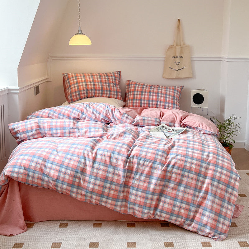 YICKYUE  -  New Pink Plaid Quilt Color Woven Washed Cotton Bedding Set of Four Piece Pure Cotton Single Double Single Pillow Case Bedroom