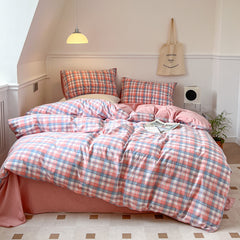 YICKYUE  -  New Pink Plaid Quilt Color Woven Washed Cotton Bedding Set of Four Piece Pure Cotton Single Double Single Pillow Case Bedroom