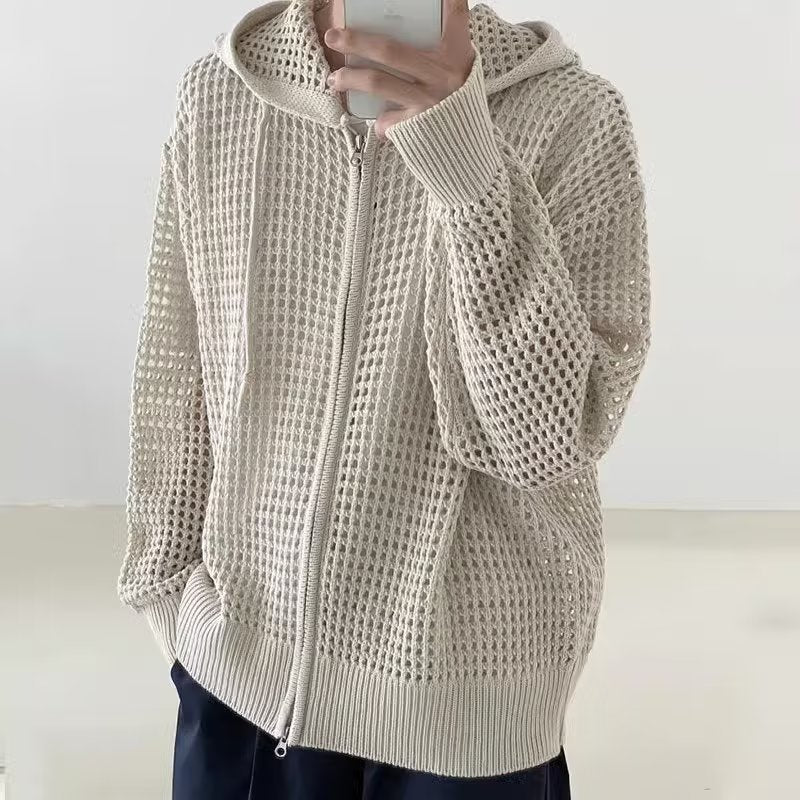 Hearujoy Hollow Out Knitted Hoodie Mens Jacket Loose Hooded Cardigan Spring Autumn Fashion Casual Knit Zip-Up Sweater Tops Streetwear