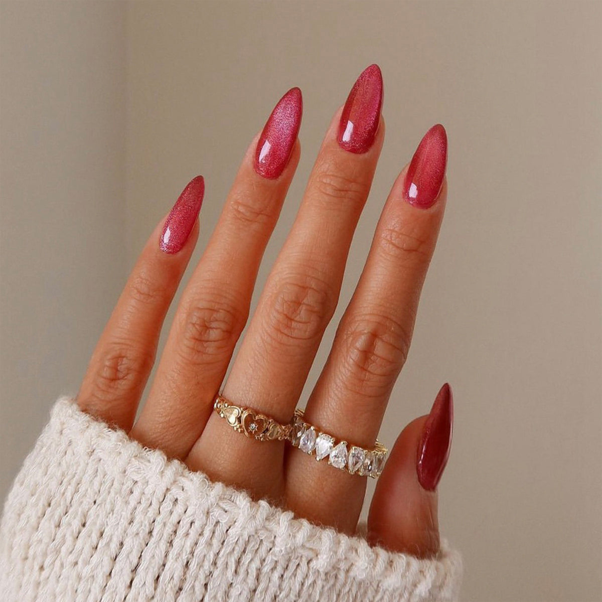 YICKYUE  -  24pcs Cat's Eye Almond Fake Glitter Nails Press On Long Stiletto Nail Art Cherry Wine Red French False Nails Tips Finished Nail