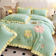 Yickyue - Floral Embroidery Matte Milk Velvet Comforter Cover Bedding Set