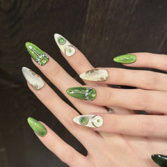 YICKYUE  -  10pcs Luxury Handmade French Almond Press On Nails Dark Green Cat's Eye Design Fake Nails Rhinestone Decor Wearable False Nail