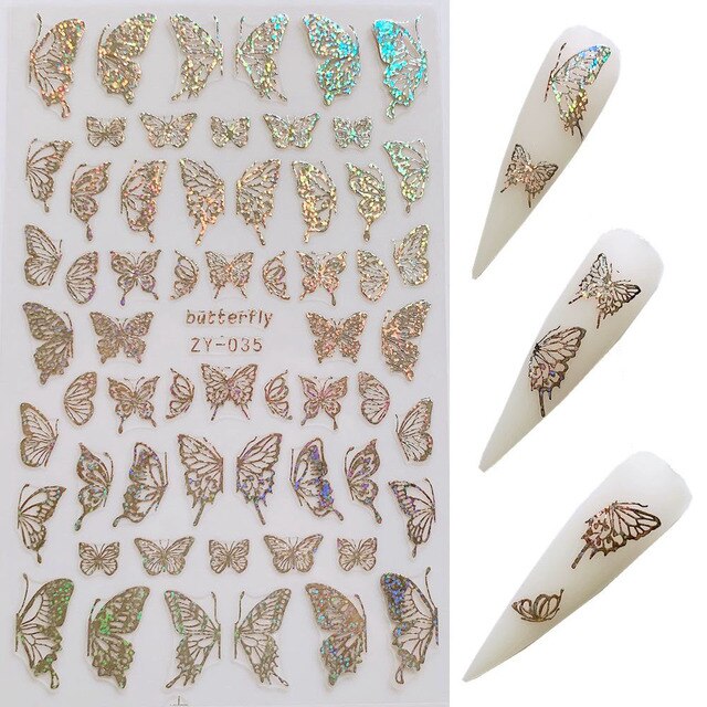 1pcs Laser Gold Silver Butterfly design 3d Nail Stickers Fall Nail Transfer Decals 3D Glitter Tattoo Manicure Nail Art Decor