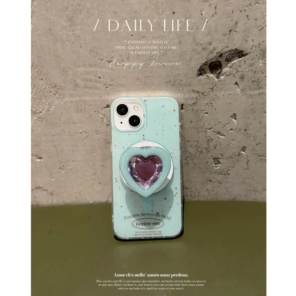 YICKYUE  -  Ins Splash Ink Love Rhinestone Decoration With Holder Magnetic Wireless Charging Cover Case For iPhone 15 14 13 12 11 Pro Max
