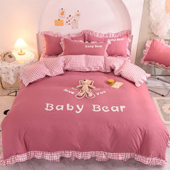 White Pink Cute Sanding Cartoon Stereoscopic Toy Bear Girl Bedding Set Duvet Cover Bed Skirt Bed Sheet Pillowcases Child's Gift
