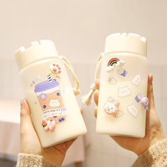 400ml Cute Boba Tea Bear Water Bottle With 3D Sticker Transparent Plastic BPA Free Frosted Travel Drink Cup With Portable Rope