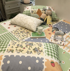 YICKYUE  -  Vintage flower strawberry plaid bedding set,single double cotton twin full queen home textile bed sheet pillow case duvet cover