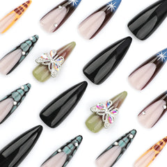 YICKYUE  -  24pcs French Fake Nails 3D Butterfly Rhinestone Design Press on Nails Full Cover Wearable Sweet Cool Leopard Almond False Nails