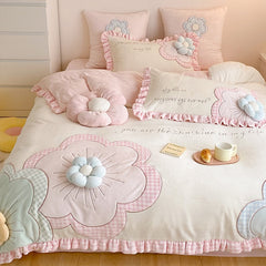 Princess Style Winter Thickened Milk Fiber Four-Piece Girl's Heart Three-Dimensional Flower Quilt Cover Coral Fleece Bedding