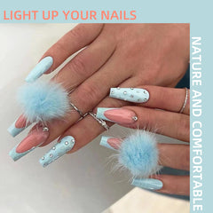 YICKYUE  -  Blue Furry Ball Cute Press on Nails Wearing Armor Ballet Shaped French Minimalist Glitter Diamond Studded Nail Art