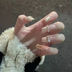 Colorful Deer Pattern False Nails With Rhinestone White Black Heart Decal Full Cover Fake Nails Long French Ballerina Nails