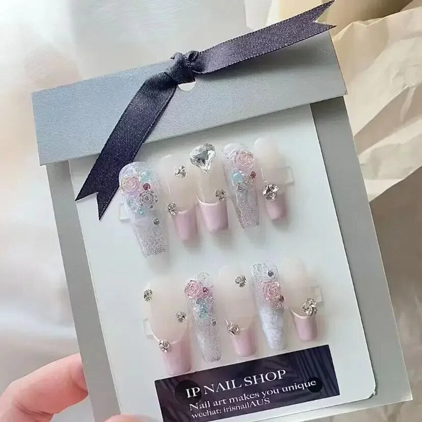 YICKYUE -  Light Luxury Fake Nails Butterfly Colour Stone Handamde Transparent Gradient Pink Brighten Up Wearable False Nail Removable Easy