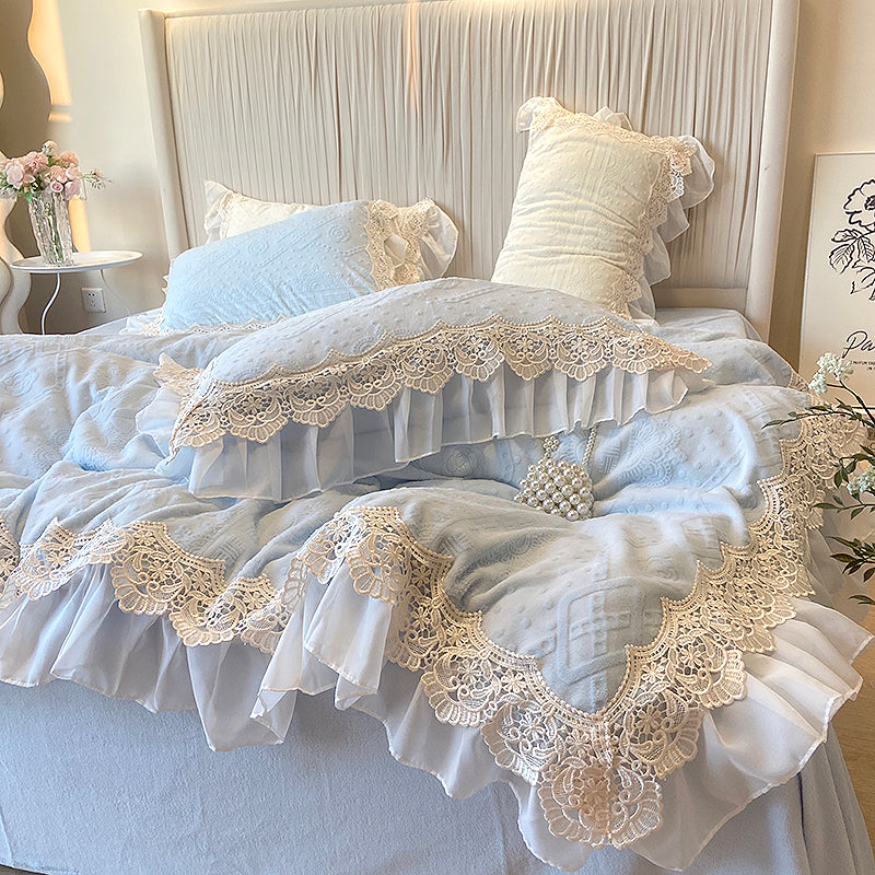 YICKYUE  -  4Pcs Vintage Carved Velvet Lace Ruffles Princess Wedding Bedding Set Queen King Duvet Cover Set Fitted/Flat Sheet Pillowcases