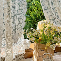 YICKYUE  -  1Pair French Retro Cream Beige Flower Embroidery Sheer Curtain European Court Style Lace Voiles Curtain For Living Room Bedroom