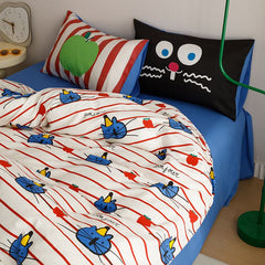 YICKYUE  -  100% Cotton Bedding Set Cute Cartoon Simple Striped Cat Bed 4pcs Set Dormitory Bed Sheets Duvet Covers Pillows Home Decoration
