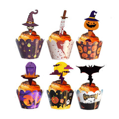 12/24pcs Halloween Cartoon Pumpkin Bat Cupcake Wrapper Paper Cake Toppers Happy Halloween Birthday Party Decoration Supplies