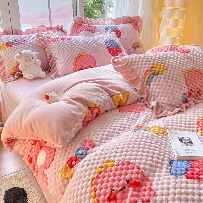 Yickyue Grade A Doudou Velvet Autumn Winter Warm Bedding Set Soft Thickened Milk Fleece Duvet Cover Set with Sheet Quilt Cover 4 Pcs Set