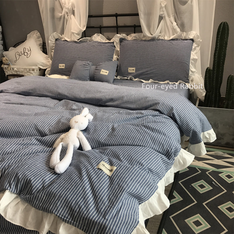 YICKYUE  -  Korean Style Washed Cotton Bedding Set - 4PC Striped Duvet Cover with Lace Trim
