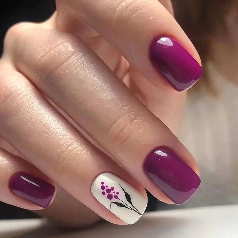 YICKYUE  -  Fresh Rose Red Light Blue Flower Leaves Solid Color Glitter Powder Full Square False Fake Art Nails Tips Press on Glue Manicure