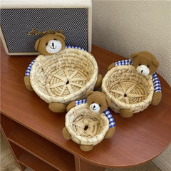 Joylove Korean Ins Wind Cute Cartoon Bear Storage Basket Desktop Office Straw Sundries Storage Basket